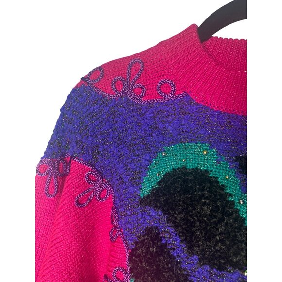 Vintage Jaclyn Smith Beaded Sweater M Fuchsia Black Green Purple Acrylic Nylon - Picture 11 of 11